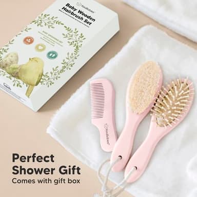 Baby Hair Brush and Comb Set for Newborn - Wooden Baby Hair Brush Set with Soft Goat Bristle, Baby Brush Set for Newborns, Baby Brush and Comb Set Girl, Boy, Toddler Cradle Cap Brush (Oval, Blush) - Image 9