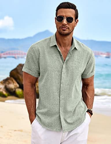 COOFANDY Men's Summer Beach Cotton Linen Short Sleeve Shirt Business Work Shirts Light Green - Image 2