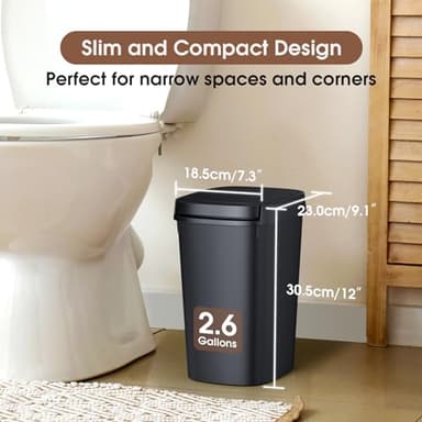 CEROELDA Slim Bathroom Trash Can, 10L/2.6 Gal Plastic Wastebasket with Press Top Lid, Pop-up Lid for Toilet, Office, Bedroom (Black, 1 Pack) - Image 2