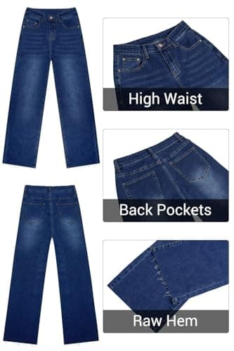 KDF Straight Leg Jeans for Women High Waisted Jeans Frayed Baggy Pants Raw Hem Loose Stretchy Cropped Wide Leg Jeans Dark Blue Size 14 - Image 5