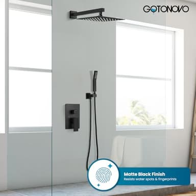 gotonovo Rainfall Bathroom Shower System Rain Shower Head and Handle Set Wall Mounted Shower Complete Combo Solid Brass Pressure Balancing Shower Mixer Valve 10 Inch Matte Black - Image 2
