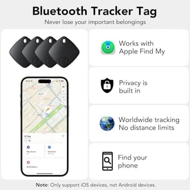 Air Tag (Black) 4-Pack, Bluetooth Tracker Work with Apple Find My (iOS Only), Key Finder and Item Locator Smart Tag with Key Ring/Lanyard, Tracker Tag for Keys/Luggage/Wallet, Replaceable Battery - Image 2