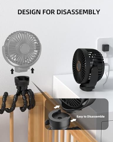TUNISE Stroller Fan: Rechargeable with TYPE-C Port, 4000mAh, 360° Rotatable, 3-Speed, Flexible Tripod, Clip Anywhere for Baby's Comfort - Durable and Easy to Clean, Black - Image 6