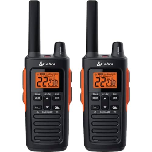 Cobra RX680 Walkie Talkies (2-Pack) - Rugged & Splashproof Two Way Radios Long Range, IP54 Water Resistant Design, 60 Pre-Programmed Channels, Weather Alerts, Included Charging Dock (Black/Orange) - Image 1