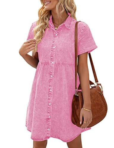LookbookStore Pink Dresses for Women Valentines Day Pink Dress 2025 Summer Short Jean Dress Casual Short Sleeves Babydoll Denim Dresses for Women Size S - Image 1
