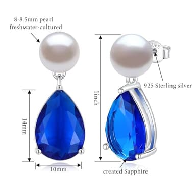YAMI Pearl Earrings for Women, 925 Sterling Silver Birthstone Teardrop Stud Dangle Earrings, Created Sapphire Pear Shaped Zircon Gem Drop Earrings, 8-8.5MM Freshwater Cultured Pearl Jewelry - Image 4