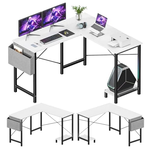 Sweetcrispy L Shaped Computer Desk - Gaming Corner 50 Inch PC White Writing Study Student Table with Wooden Desktop CPU Stand Side Bag Reversible for Home Office Room Small Space, Black - Image 1