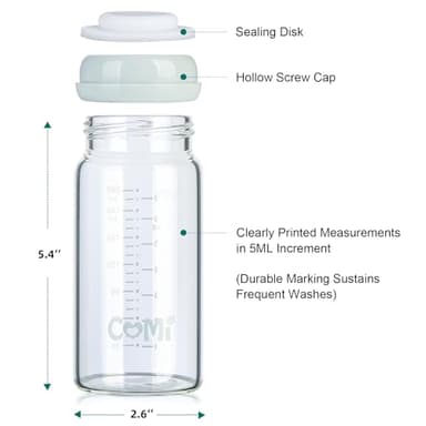 COMI Wide Neck Glass Breastmilk Collection n Storage Bottle, 8oz with Screw Ring Sealing Disk; Re-markable Sealing Disc. BPA Free, Fits Breast Pumps & Nipples (4 Gray Lids) - Image 3