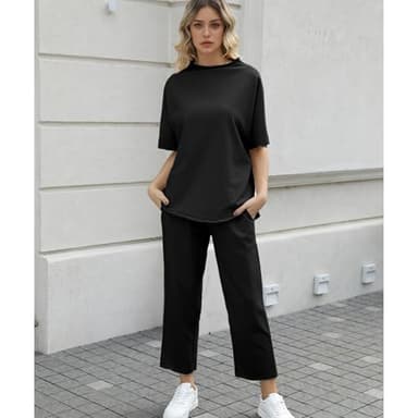 SeeLuNa Women's Two Piece Outfits 3/4 Batwing Sleeve Capelet Crew Neck Pullover Top Wide Leg Pants Lounge Set(Black,XL) - Image 6