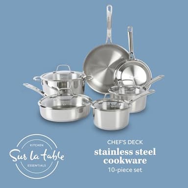 Sur La Table Kitchen Essentials Chef's Deck 10 Piece Stainless Steel Non Toxic Pots and Pans Kitchen Cookware Set w/Triply Encapsulated Base - Induction Safe - Image 2