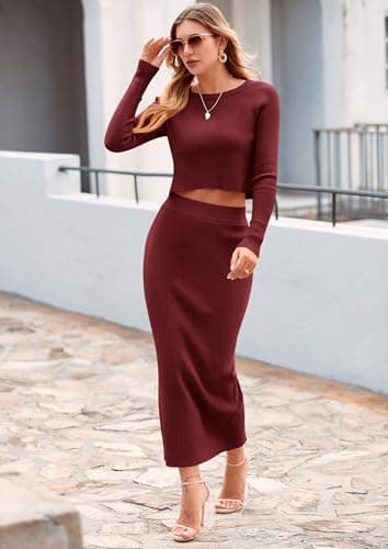 PRETTYGARDEN Women's Spring Fall 2 Piece Sweater Set Rib Knit Long Sleeve Crop Top Maxi Bodycon Skirt Casual Winter Outfits (Wine Red,Large) - Image 5