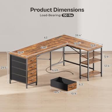 Huuger 63 Inch L Shaped Desk with Fabric Drawers, Computer Office Desk with Power Outlets and USB-C Port, Corner Desk with Storage Shelves, for Gaming Work Study Home Office, Reversible, Rustic Brown - Image 2