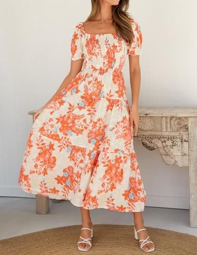 ZESICA Women's 2025 Summer Boho Floral Print Square Neck Ruffle Swing Beach Long Maxi Dress,Tangerine,Medium - Image 3