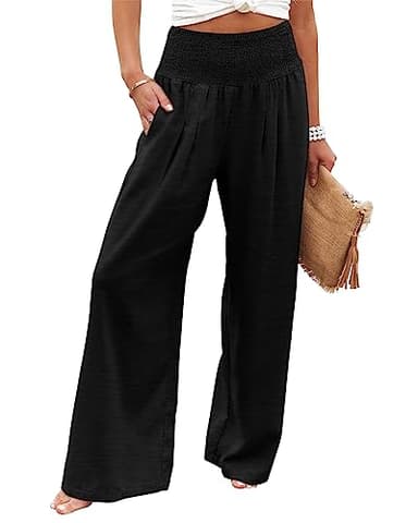 Angerella Women's Smocked High Waisted Solid Color Loose Wide Leg Pants Palazzo with Pockets Black XXL - Image 1