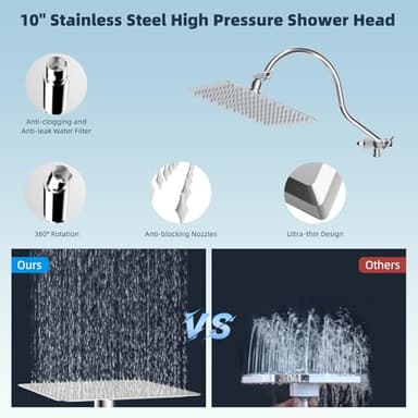 Hibbent All Metal Shower Head, 10'' High Pressure Rainfall Shower Head/Handheld Showerhead Combo with 12'' Adjustable Curve Shower Extension Arm, 10 Sprays, 71'' Shower Hose, Showerhead Holder, Chrome - Image 4