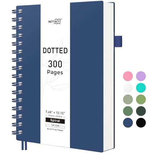RETTACY Bullet Dotted Journal Notebook, 300 Pages, B5 Medium Size (7.4'' × 10''), 100 GSM Thick Paper, Flexible Plastic Cover, Spiral-bound, for Bullet Journaling, Planning, Tracking (Navy Blue) - Image 1