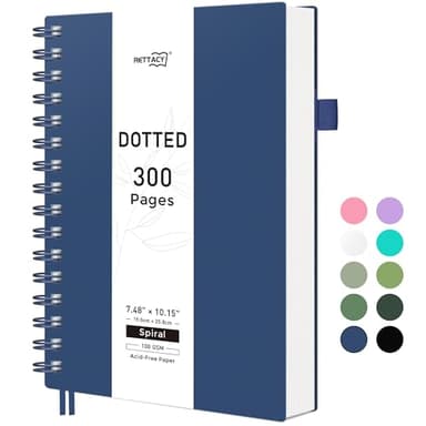 RETTACY Bullet Dotted Journal Notebook, 300 Pages, B5 Medium Size (7.4'' × 10''), 100 GSM Thick Paper, Flexible Plastic Cover, Spiral-bound, for Bullet Journaling, Planning, Tracking (Navy Blue) - Image 1