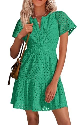 PRETTYGARDEN Womens 2025 Summer Short Dress V Neck Short Sleeve A Line Hollow Out Lace Ruffle Cute Casual Beach Party Dresses (Green,Medium) - Image 1