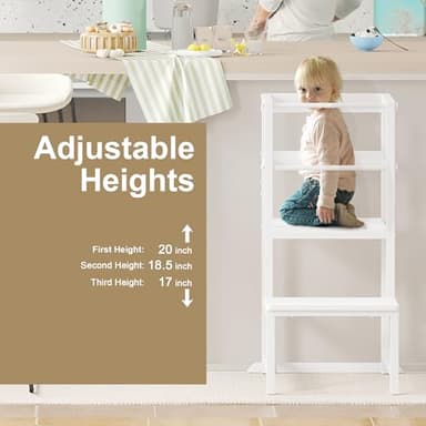 INNOD Kitchen Step Stool for Toddlers, Height Adjustable Toddler Tower with Safety Rail, Steel and Wood Toddler Kitchen Stool Helper Kids, Stool for Kids, Learning Tower, Kids' Desk White - Image 3