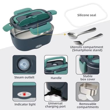 SOHIDA Electric Lunch Box Food Heater, 80W Portable Warmer for Car Truck Work with 304 Stainless Steel Container, 12V/24V/110V Green Heated Lunch Box Suitable for Ideal Driver/Work/Gift - Image 8