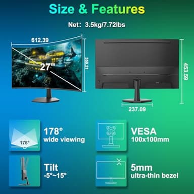 SANSUI Curved Monitor 27 inch 100Hz USB Type-C Computer Monitor with Speakers Built in丨FHD 1080p丨HDR丨110% sRGB丨1500R丨VESA Compatible,for Tablet,Desktop,Laptop and PC Work Gaming - Image 8
