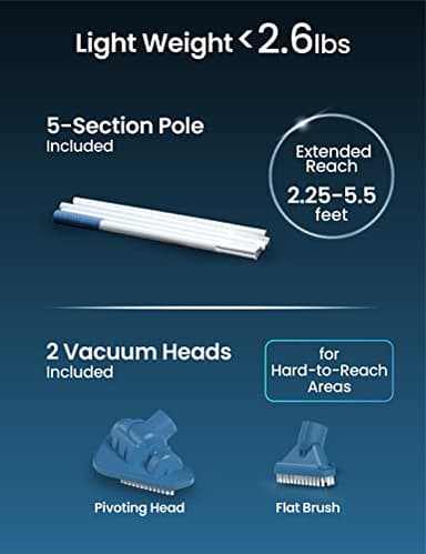 KOKIDO (2025) Rechargeable Handheld Pool Spa Vacuum, Aluminum Pole and 2 Brush Heads, Ideal for Pools up to 20ft, Cordless 60 mins Spot Cleaning, Above Ground Pool, Hot Tub & Spa XV110 - Image 5