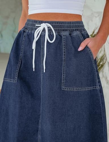 luvamia Denim Skirts for Women Trendy A Line Long Maxi Pull On Elastic Waist Drawstring Stretchy Jean Skirt with Pockets Western Skirt Dark Blue Size X-Large Fits Size 16-18 - Image 3