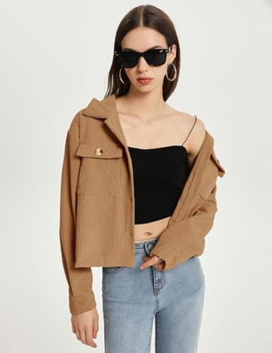 Flygo Womens Fashion Cropped Jacket Corduroy Button Down Shirt Shacket Jackets Lightweight Spring Jackets 2025 Trendy(Khaki-XS) - Image 4