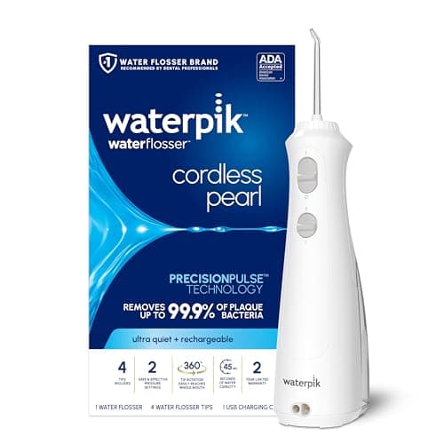 Waterpik Cordless Pearl Rechargeable Portable Water Flosser for Teeth, Gums, Braces Care and Travel with 4 Flossing Tips - ADA Accepted, WF-13 White, Packaging May Vary - Image 1