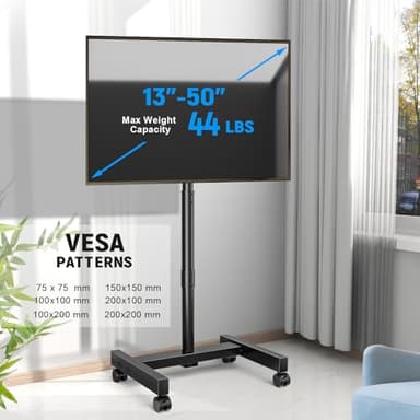 YOMT Mobile TV Cart Rolling TV Stand for 13-50 inch Screens, Tilting and Rotating Mount, Portrait to Landscape, Height Adjustable Portable TV Stand with Wheels Holds up to 44lbs Max VESA 200x200mm - Image 2