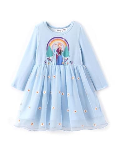 Disney Frozen Elsa Toddler Girl Dress Floral Tulle with Embroidery Long Sleeve Girl Clothes A Line Casual Double-Layer Fall Dresses Blue 5-6 Years - Image 1