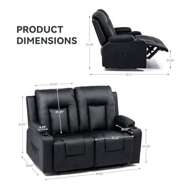COMHOMA Living Room Furniture Set,Bonded Leather Loveseat Sofa with Cup Holder Recliner Chair,Black - Image 2