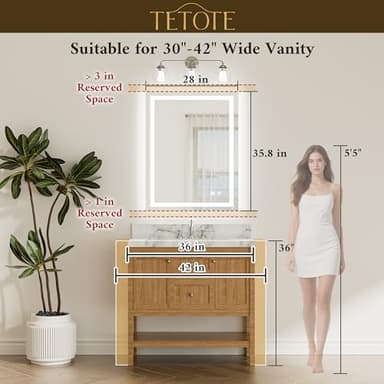 TETOTE LED Bathroom Mirror with Lights 28 x 36 Frontlit and Backlit Light up Mirror, Brighter Lighted Bathroom Mirror for Wall, 3-Color Anti Fog Mirror, Waterproof, Shatterproof Tempered Glass - Image 5