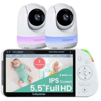 Babysense 5.5” 1080p Full HD Split-Screen Baby Monitor, Video Baby Monitor with 2 Cameras and Audio, 6-Color RGB Night Light, 1000ft Range, Two-Way Audio, 4X Zoom, 5000mAh Battery - Image 1