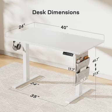 Marsail 40x24 Electric Adjustable Height Standing Desk with Storage Bag, 4 Memory Height Settings,Sit Stand Up Desk for Home Office,Computer Gaming Workstation, Cable Manager, and Headphone Hook - Image 2
