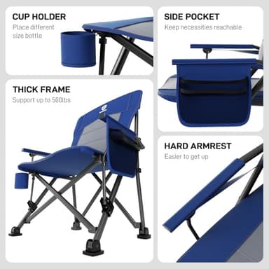 EVER ADVANCED Oversized Folding Camping Chair for Adults with Adjustable Lumbar Support, Heavy Duty Chair with Side Pockets, Portable Collapsible Quad Chair for Outside, Support Up to 500lbs,Blue - Image 7