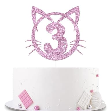 YHEZXUN Cat 3 Cake Topper, 3rd Birthday Cake Decoration, Pet Cat Kitty Theme Three Years Old Cake Topper Pink Glitter Cute Party Supplies - Image 1