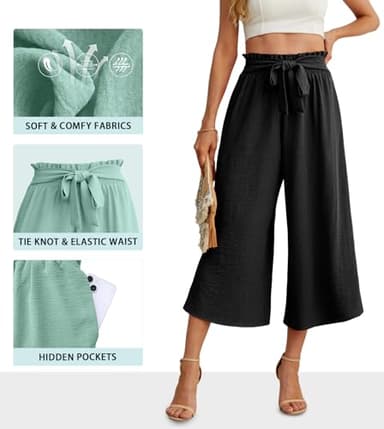 IWOLLENCE Women Flowy Loose Wide Leg Pant Summer Beach Casual Trousers high Waist Adjustable Knot Business Work Casual Pants Black XX-Large - Image 2