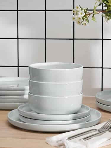 Famiware Dawn Plates and Bowls Sets, 12 Pieces Stoneware Dinnerware Sets, Dishes Set for 4, Microwave and Dishwasher Safe, White - Image 4