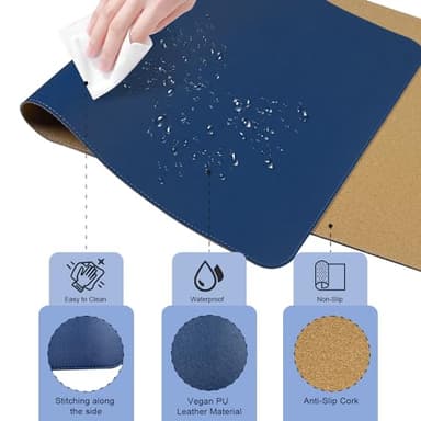 BLESWIN Large Desk Pad Mat 47.2"" x 17"", Office Desk Mat, Non-Slip PU Leather & Cork Desk Blotter for Keyboard and Mouse, Large Desk Mat, Large Mouse Pad for Office & Home(Dark Blue) - Image 2