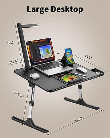 Laptop Table with LED Desk Light, SAIJI Laptop Stand for Bed, Height Adjustments Bed Desk with Book Stand for Reading Writing Drawing (Black) - Image 6