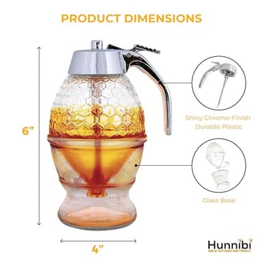 Hunnibi 8oz No Drip Glass Honey Dispenser with Plastic Top - Honeycomb-Style Syrup Server and Bee-Themed Storage Jar with Stand - 6" Clear Container for Honey, Maple Syrup - Image 3