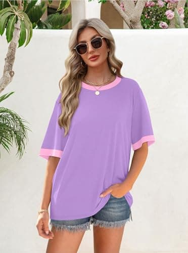 OFEEFAN Fashion Clothing Summer Shirts for Women Short Sleeve T-Shirts Womens Tank Tops Oversized Tshirts Z-Violet XL - Image 2
