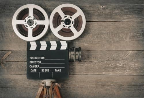AOFOTO 8x6ft Old Movie Camera on Wood Board Background Vintage Film Motion Picture Photography Backdrop Video Reel Director Scene Retro Movie Night Theme Party Decor Banner Photo Studio Props Vinyl - Image 1
