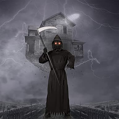 Grim Reaper Halloween Costume with Glowing Red Eyes for Kids, Scythe Included - Image 5