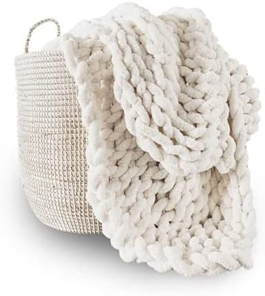Adyrescia Chunky Knit Blanket Throw | 100% Hand Knit with Jumbo Chenille Yarn (50"x60", Cream White - Image 3