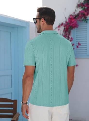 TUREFACE Men's Green Summer Beach Shirts Short Sleeve Button Up Hollow Out Hawaiian Vacation Cuba Shirts - Image 5