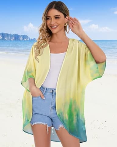 Women's Floral Kimono Print Puff Sleeve Loose Cardigan Cover Up Casual Blouse Tops (Yellow Green Tie-dye, 2XL) - Image 2