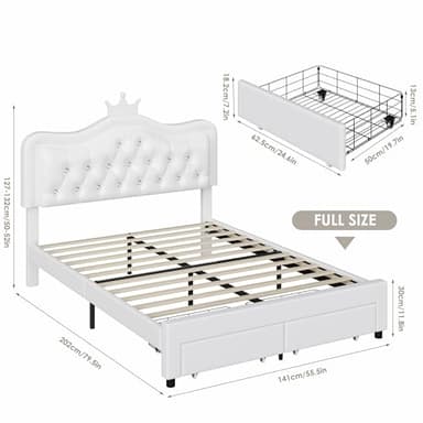 Keyluv Full Upholstered LED Bed Frame with Storage Drawer, Leather Princess Platform Bed with Adjustable Crystal Button Tufted Crown Headboard, Solid Wooden Slats Support, No Box Spring Needed, White - Image 3