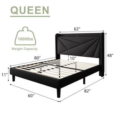 Feonase Queen Size Bed Frame with Charging Station, Linen Upholstered Platform Bed Frame with Wingback Storage Headboard, Solid Wood Slats Support, No Box Spring Needed, Noise Free, Black - Image 2